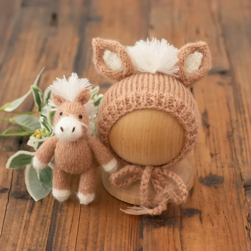 Handmade Knitted Horse with Hat Set B - Newborn Photography Outfit - Image 4